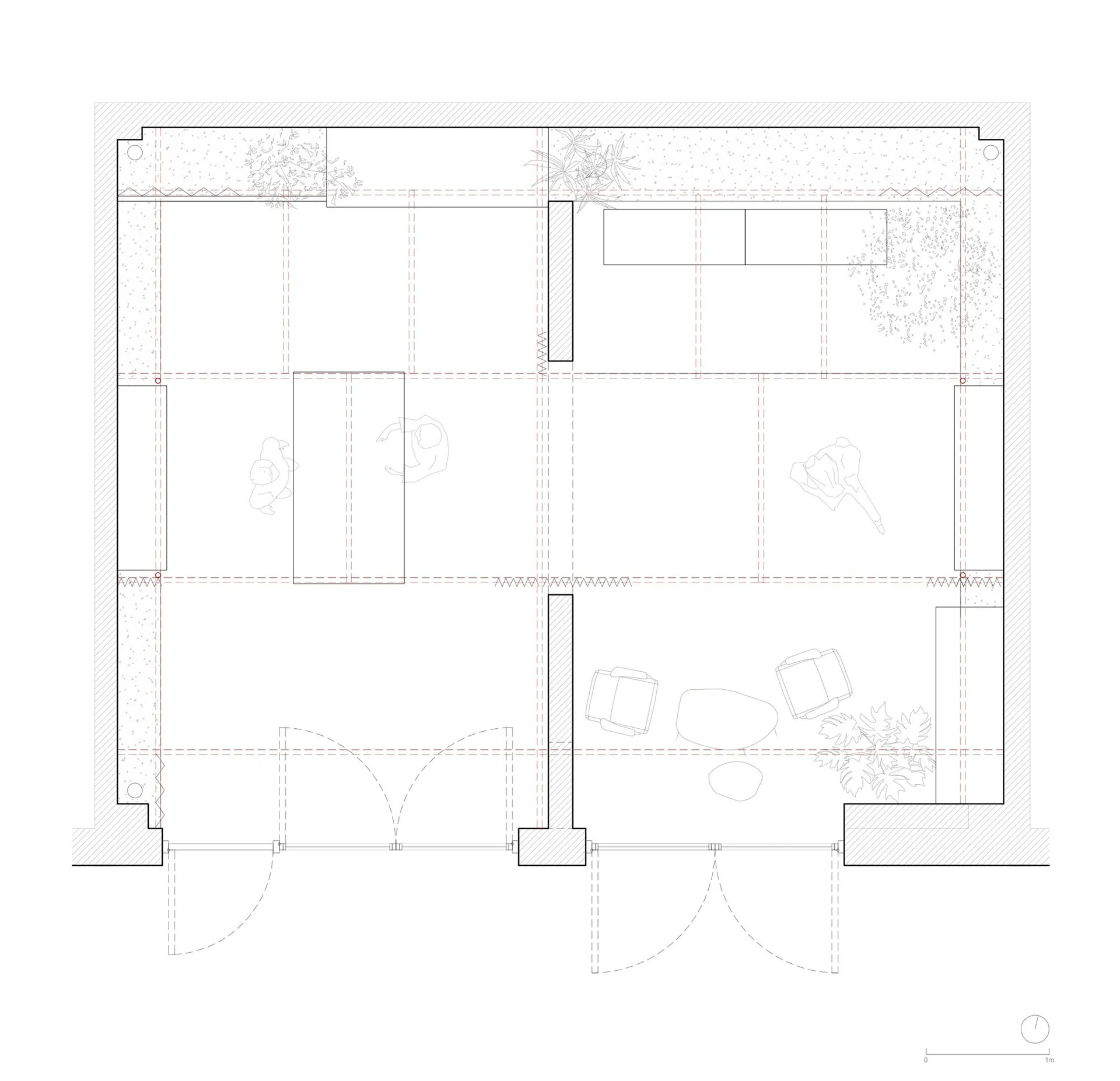 Black and white line drawing of a minimalist building plan