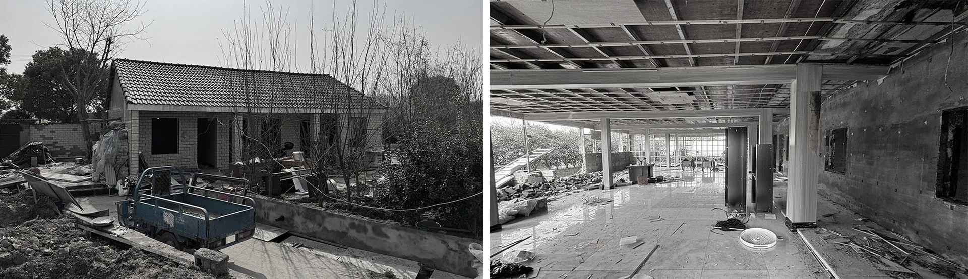 An empty, abandoned concrete space with broken glass and debris on the floor.