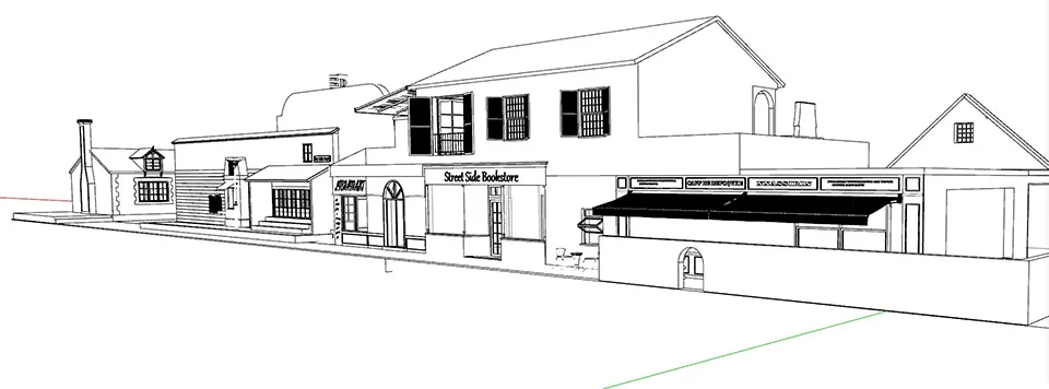 Black and white drawing of a street view featuring a storefront with awnings and shutters.