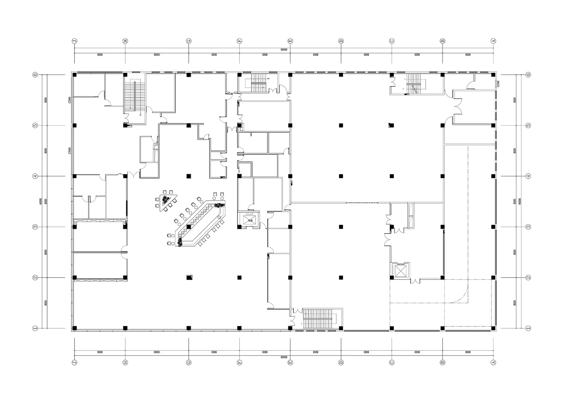 A detailed 2D architectural drawing of a modern office floor plan with a concrete floor and bare surroundings.