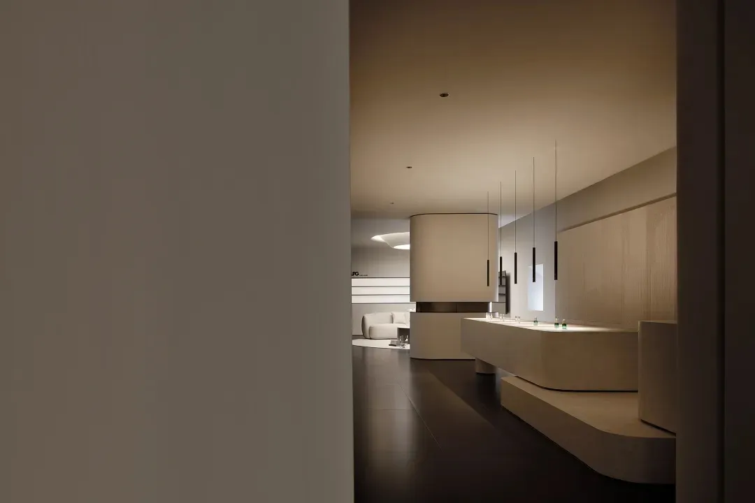 A minimalist modern office space with wooden elements and clean lines.