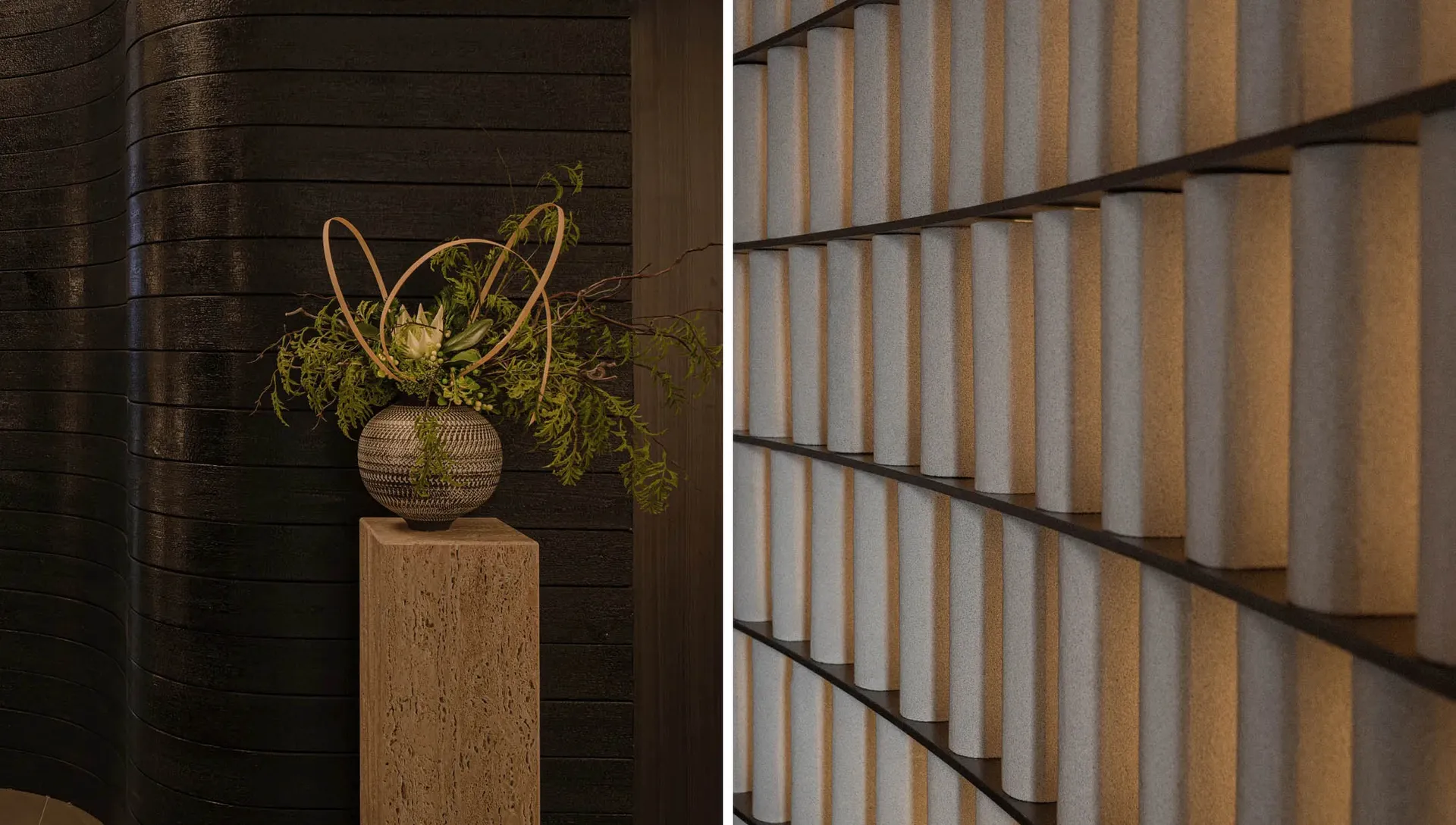 Modern furniture featured in a room with wooden surfaces and geometric design elements.