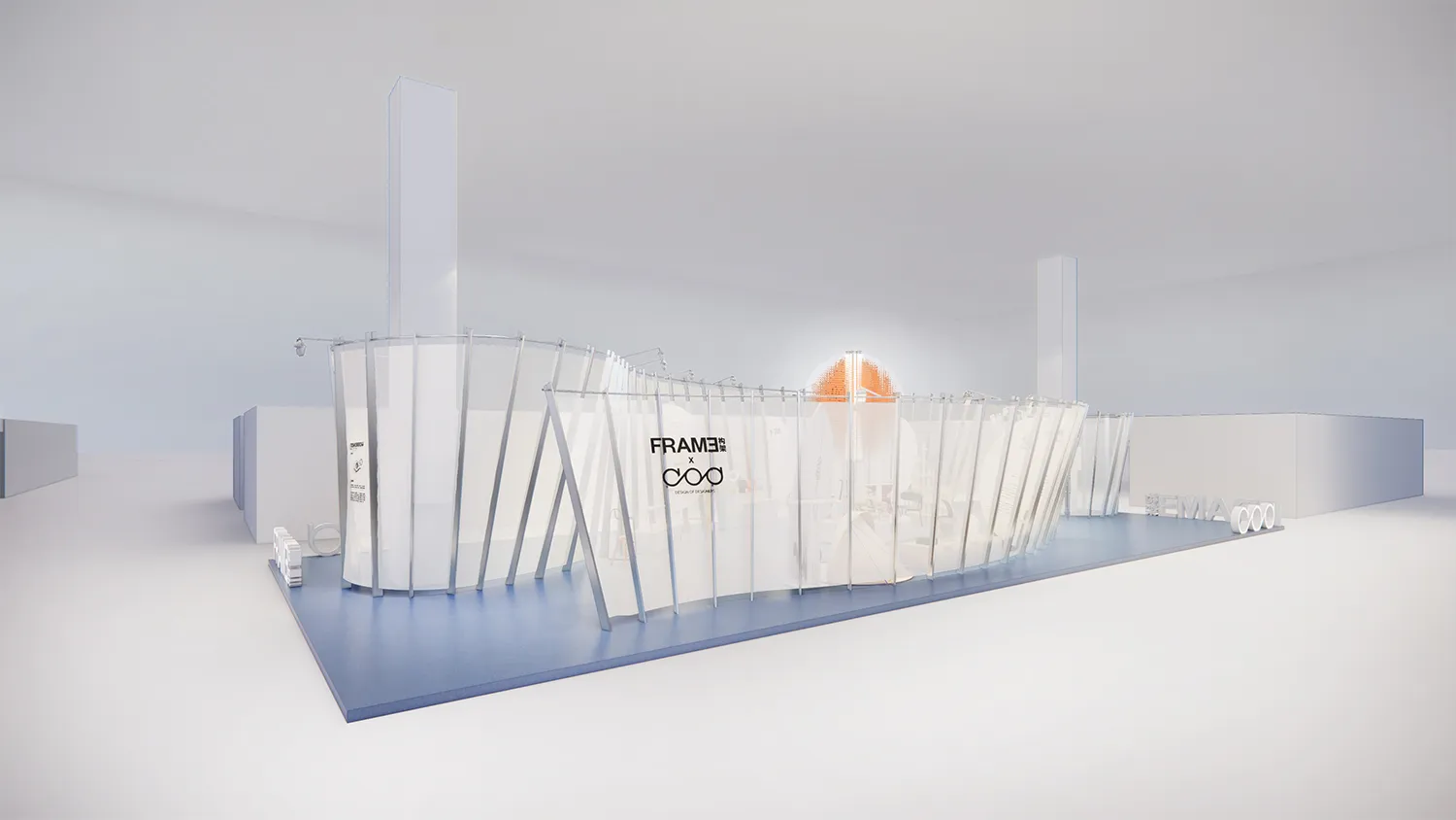 Modern retail environment featuring glass and metal elements with illuminated lighting.