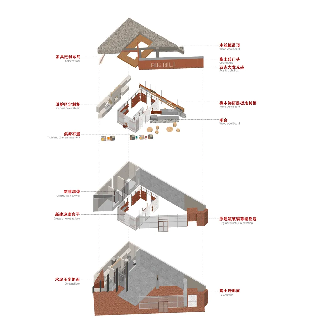 Sectional diagram of a concrete and tile interior space.