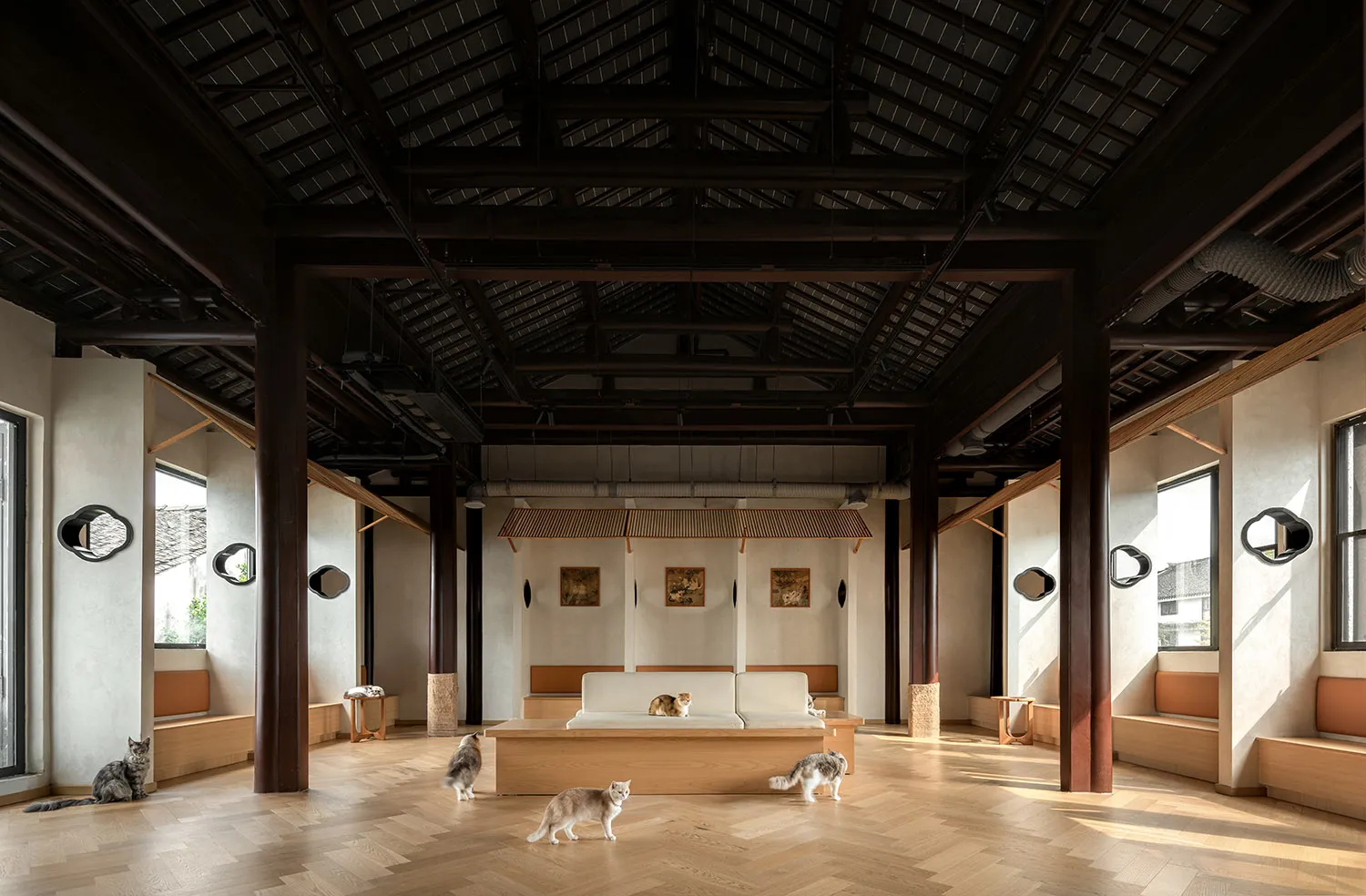 A spacious residential library with a blend of wooden and glass elements.