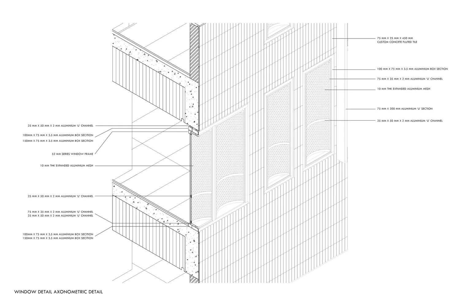 現代建築外觀的詳細建築圖,展現鋁材與混凝土材質。