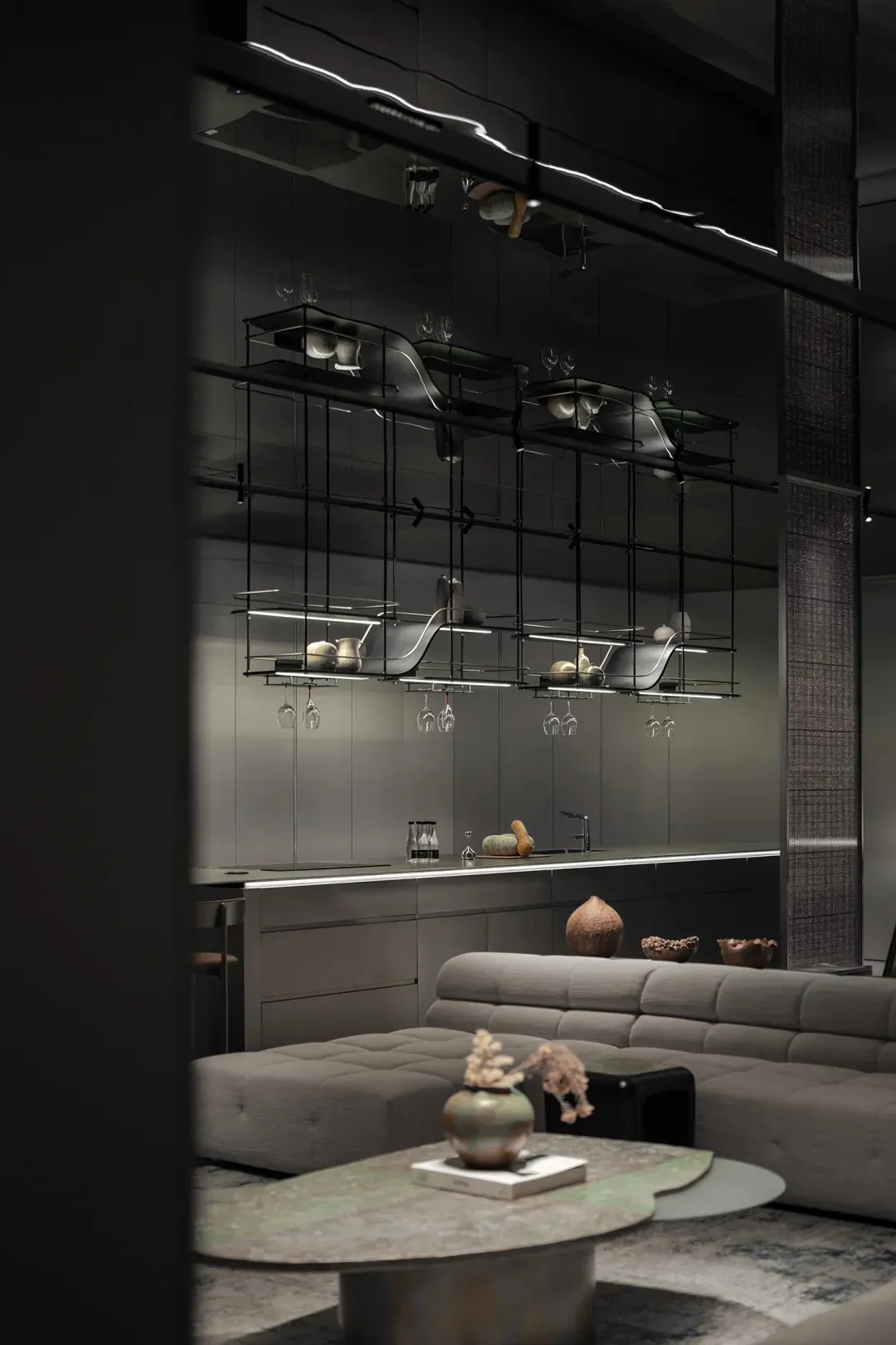 Modern minimalist kitchen featuring black metal accents and lighting