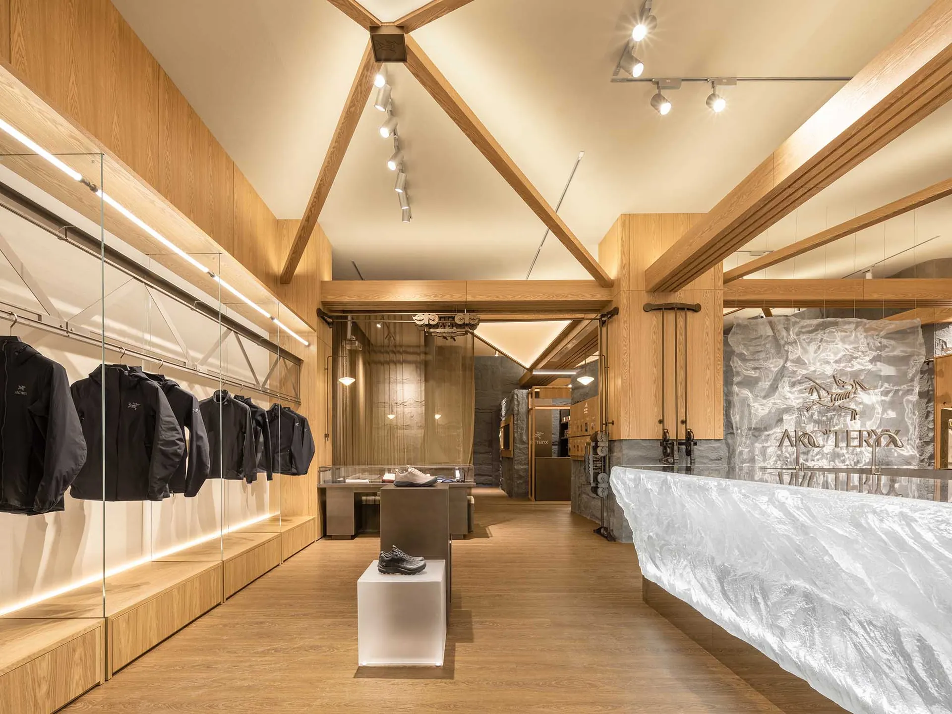 A modern retail storefront featuring wooden interior design elements.