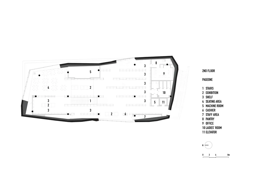 2nd Floor Office Space Layout Plan with designated areas for stairs, exhibition, seating, machine room, cashier, pantry, offi