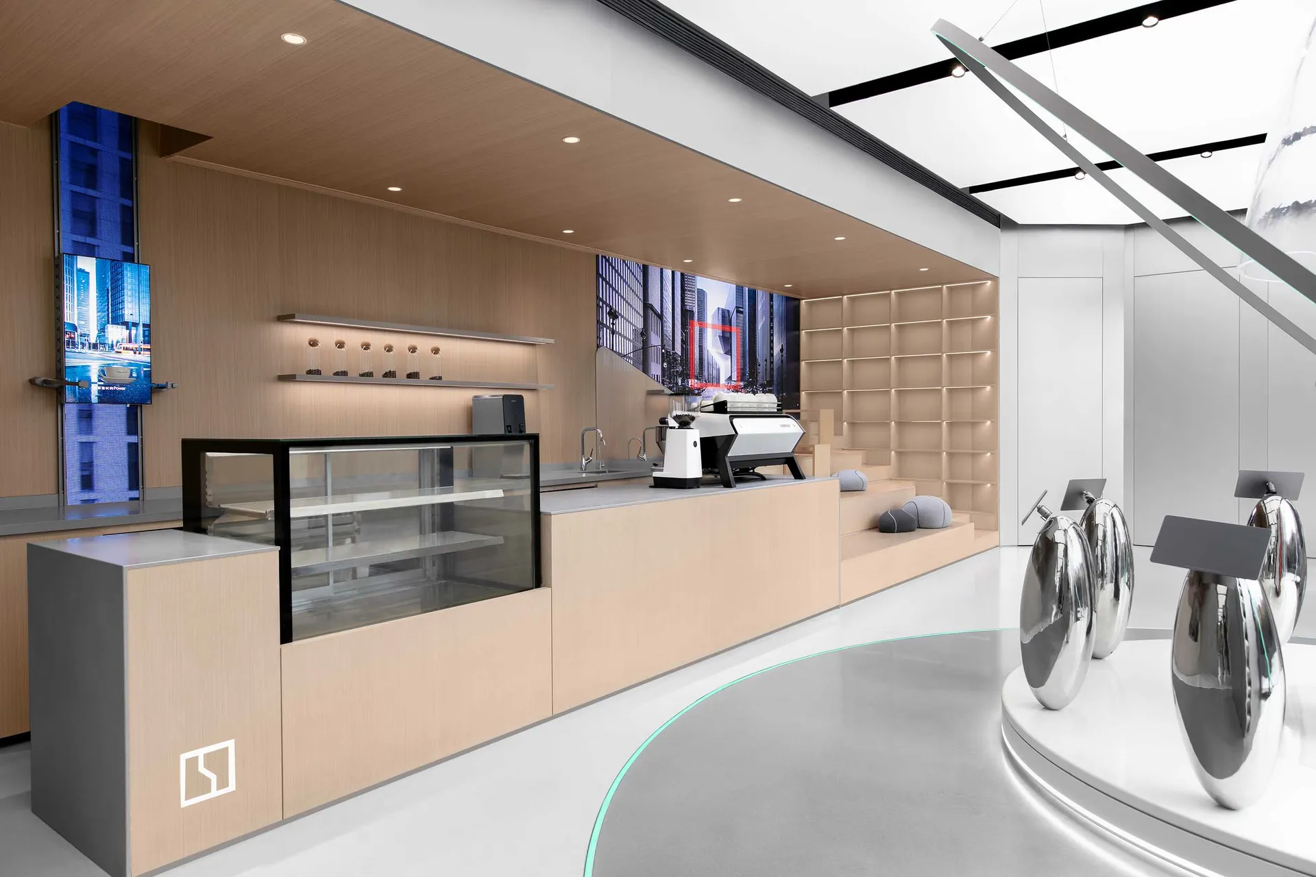 Modern coffee shop with neutral-toned interior design