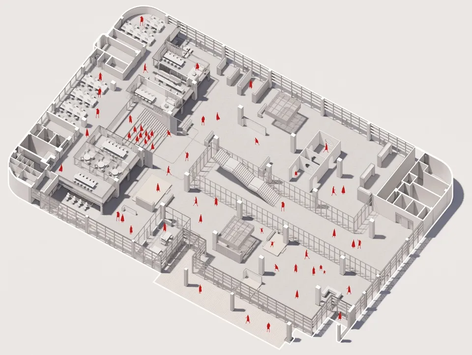 An overhead view of an office layout with steel frames.