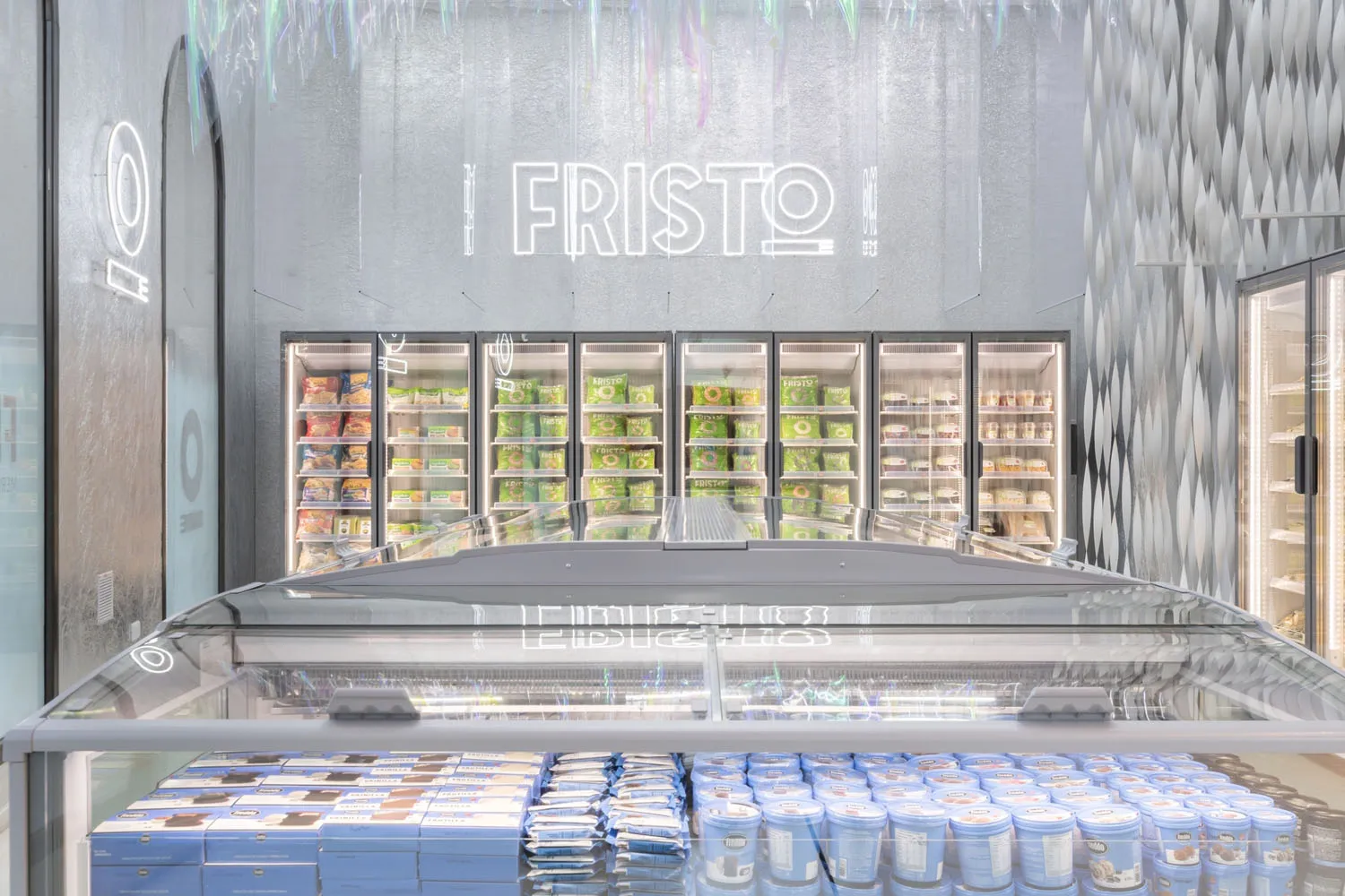 Metallic retail store interior with neon lights