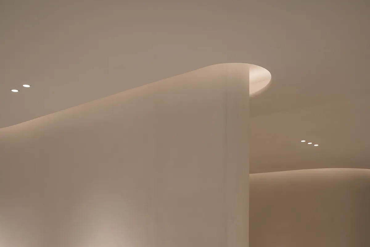 簡約建築天花板,呈現弧形白色表面與現代燈具。