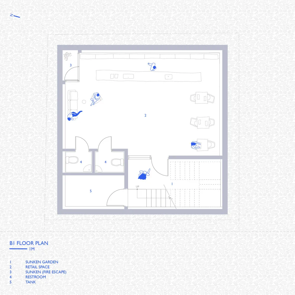 Minimalist architectural floor plan of a retail space, showing layout, furnishings, and functional zones.