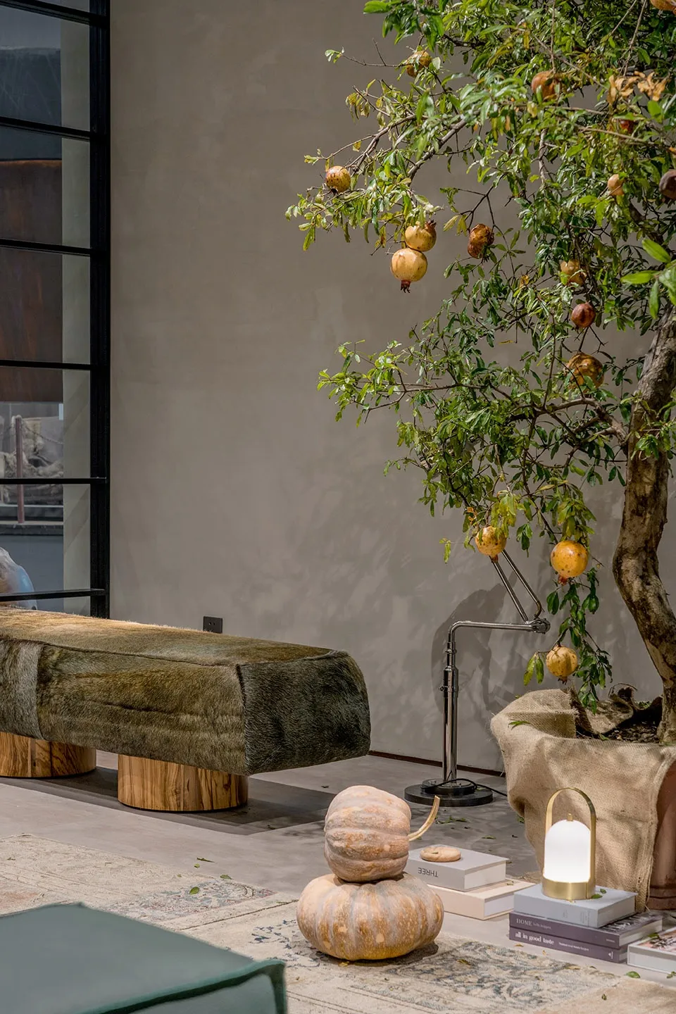 A modern interior design featuring natural materials and potted plants