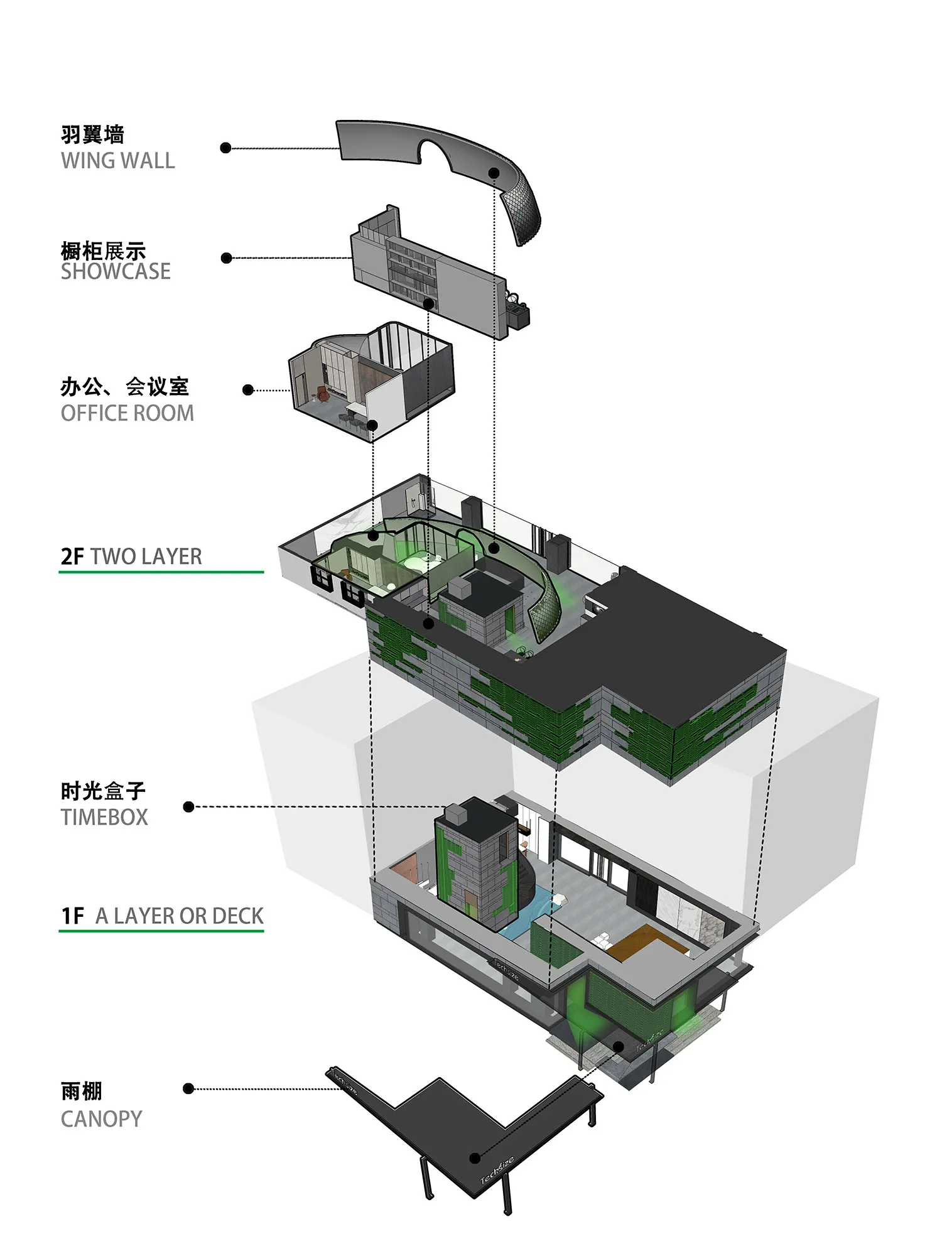 A modern office space rendering showcasing contemporary construction materials and design elements.