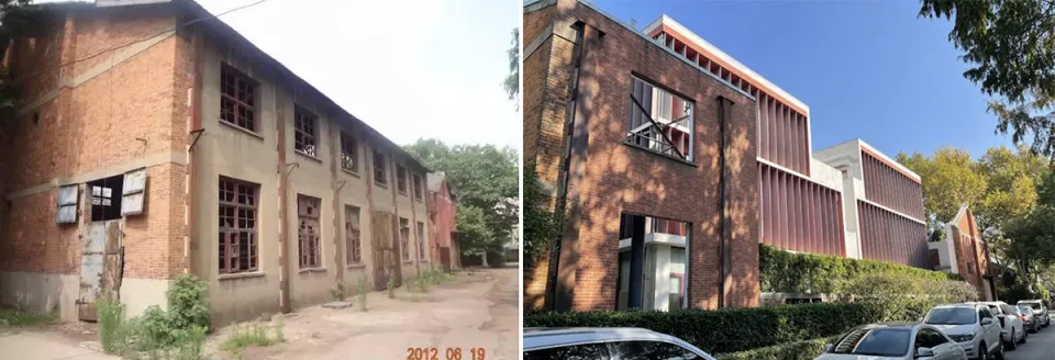磚造建築翻新前後對照圖。