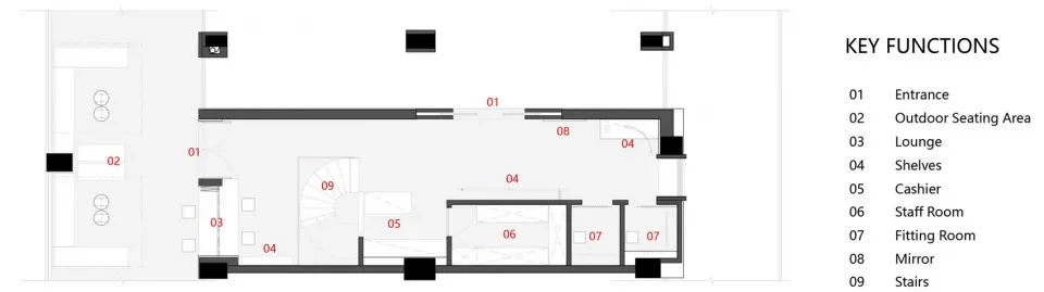 Floor plan of a commercial interior showing various functional zones such as entrance, outdoor seating area, lounge, shelves,