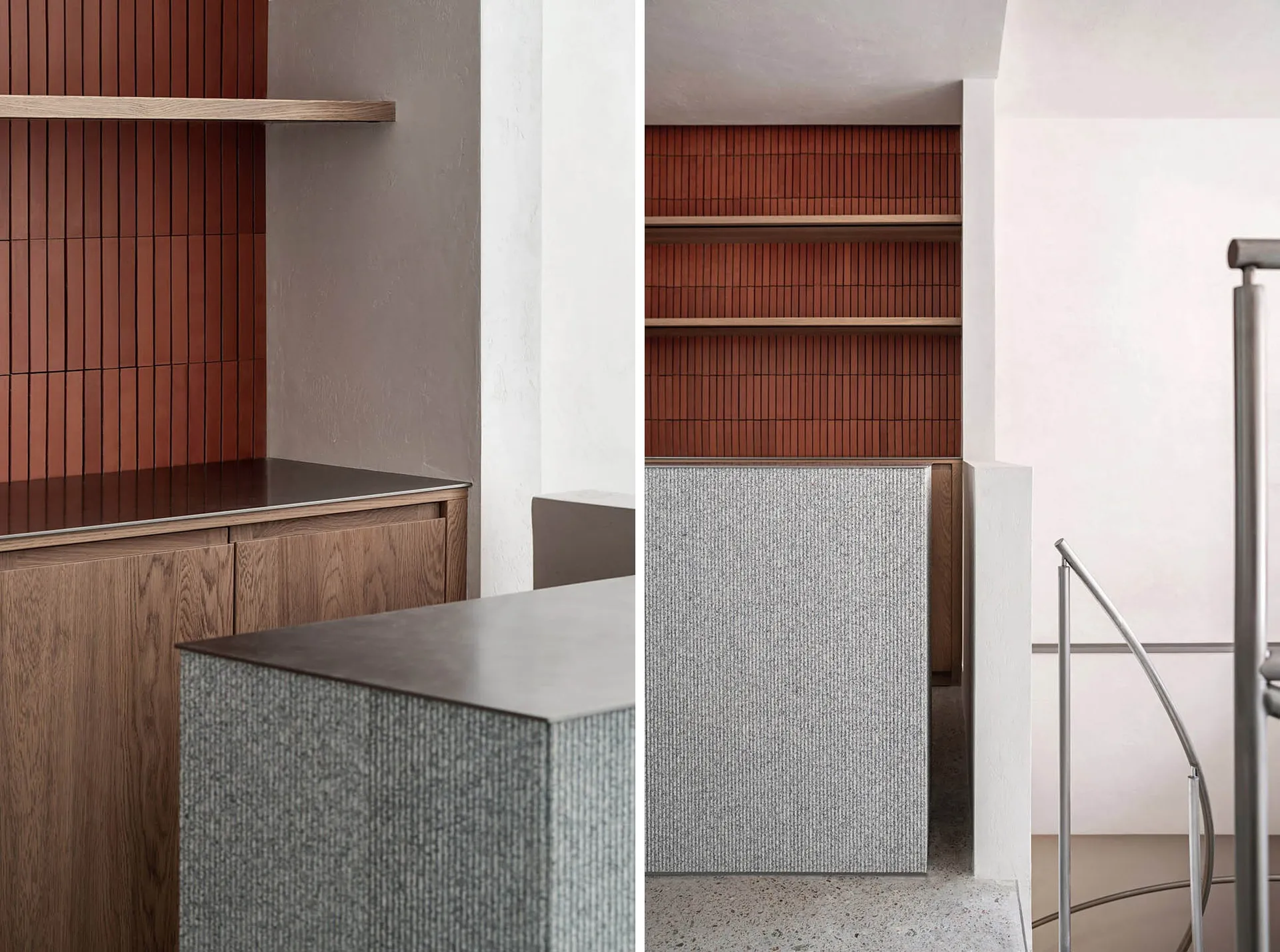 Minimalist interior design featuring wooden cabinets, terrazzo flooring, and concrete accents.