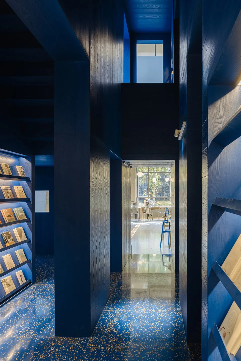 A minimalist library interior featuring blue walls and wooden elements.