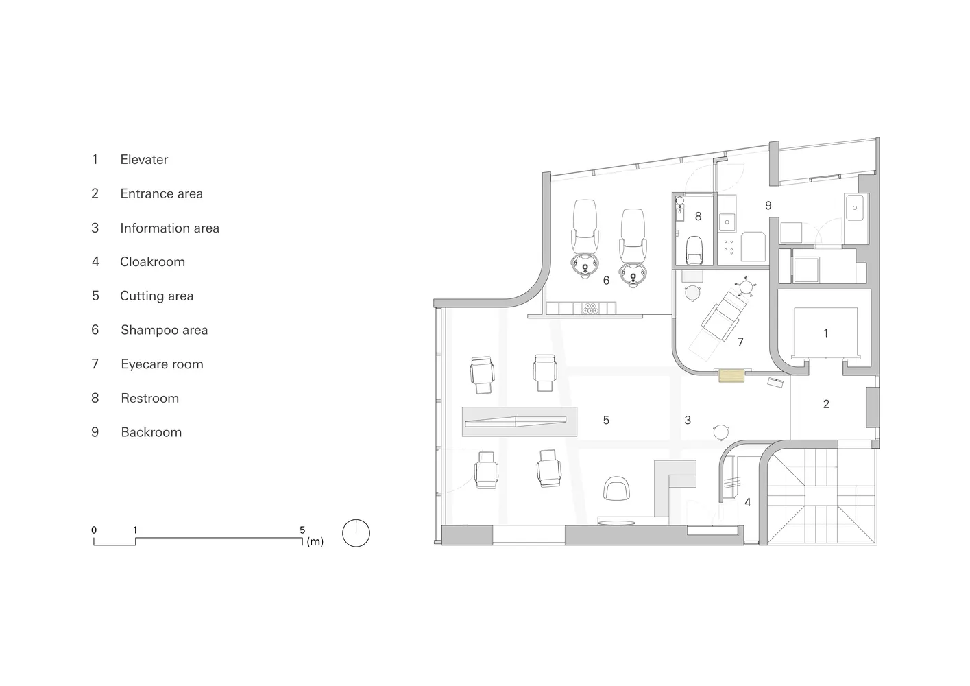 A detailed floor plan of a modern barber shop featuring a hair cutting and styling area, shampoo room, restrooms, and backroo