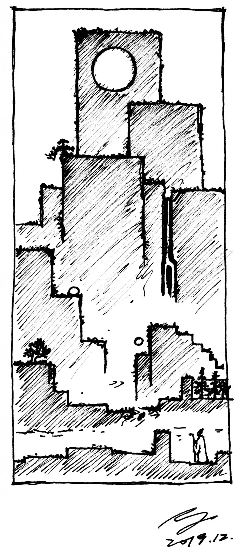 A black and white sketch depicting a cityscape with a prominent circular element.