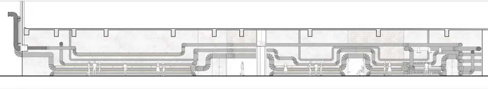 一張詳細的工業風室內建築圖，展示複雜的通風與機械管線網絡