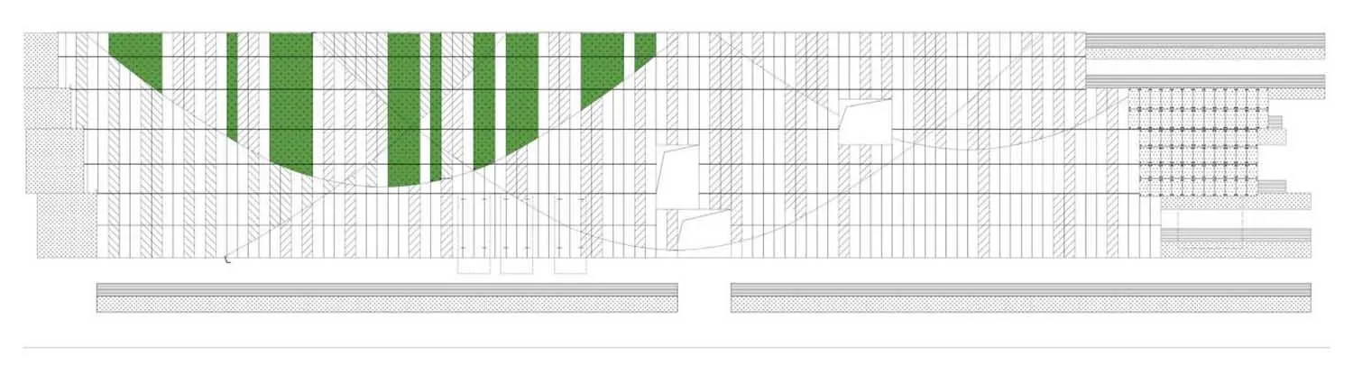 A detailed architectural floor plan of a modern office space with green accents and mixed material finishes.