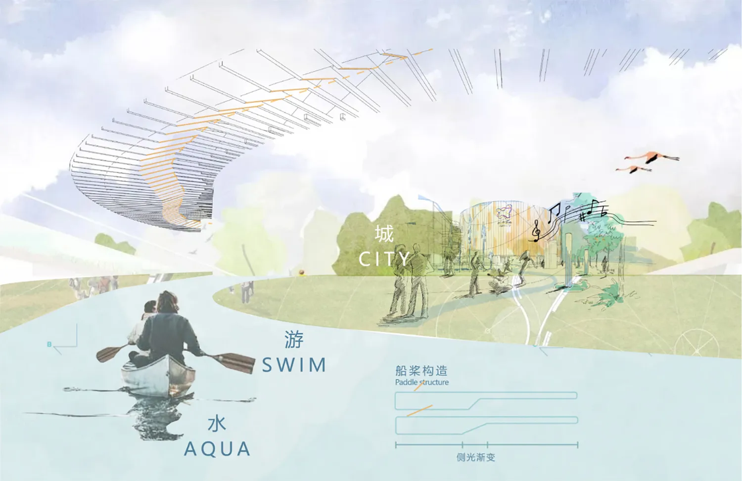 A rendering of an aquatic culture center featuring a large, transparent building with a wooden exterior and a boat on water.