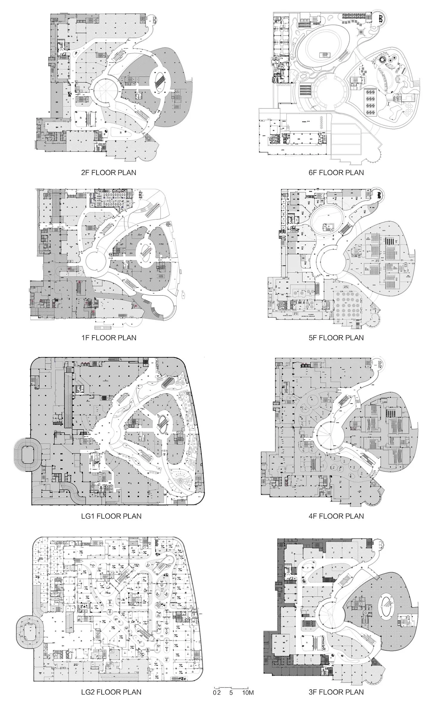 商業大樓各樓層的詳細建築平面圖，展示不同樓層的空間配置與設計