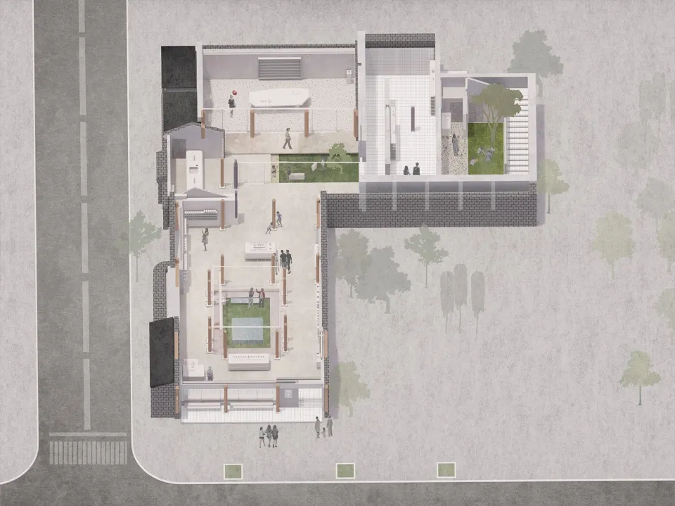 An overhead view of an industrial-style floor plan with concrete, steel, and glass materials.