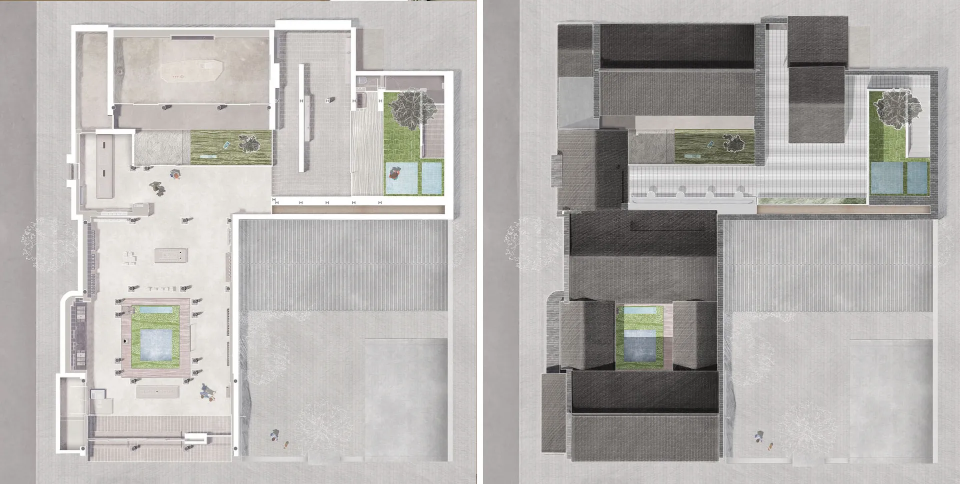 A 2D architectural blueprint of a modern building with concrete materials and spacious areas.