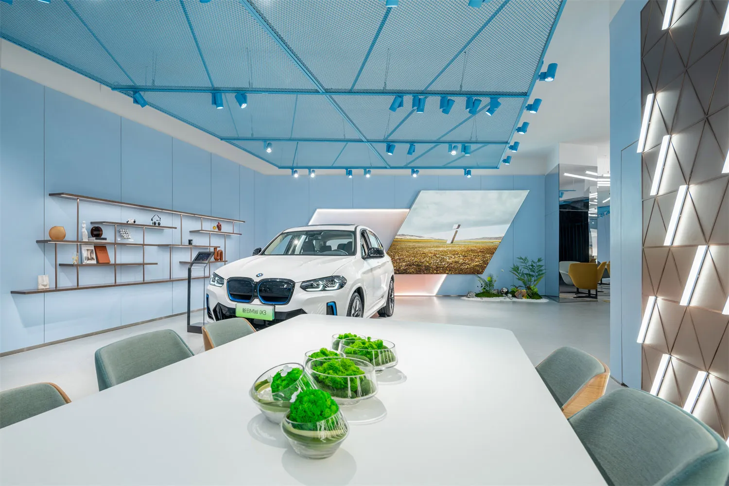 A modern car showroom with a white BMW SUV on display, green plants on the table, and blue accents on the ceiling and walls.