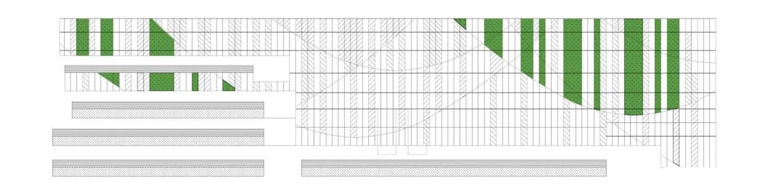 A white grid floor plan with green sections representing different zones or features.