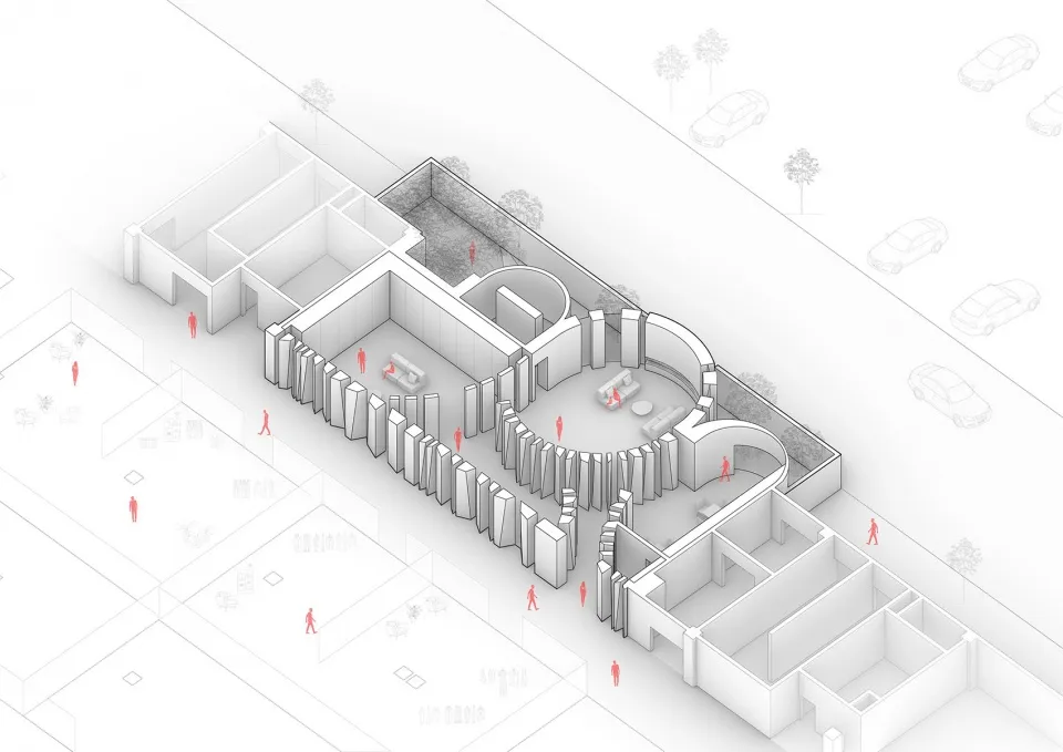 A 2D architectural drawing of a modern office space with a concrete floor plan.