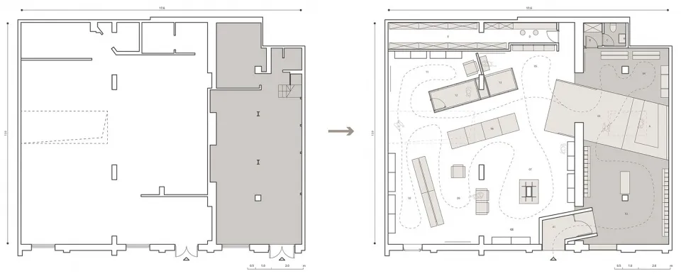 Floor plan of an office layout design with furniture and dimensions.