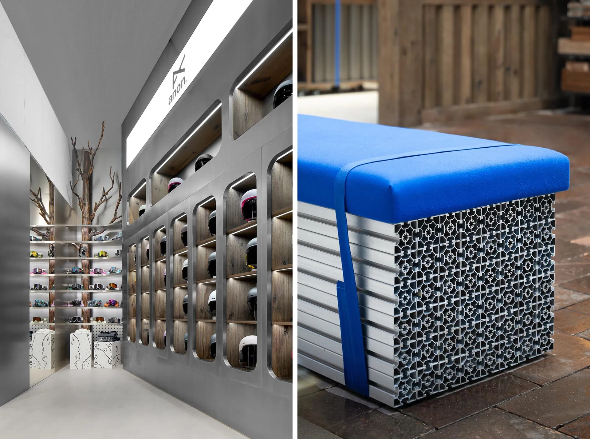 A retail display featuring metal shelves, wooden accents, and illuminated lighting.