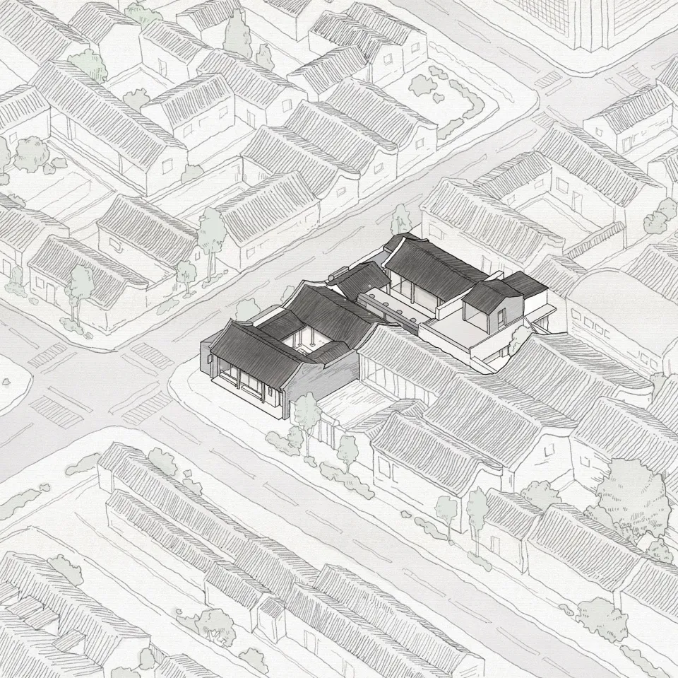 A detailed illustration of an architectural plan for a townhouse with a focus on urban design elements such as streets, build