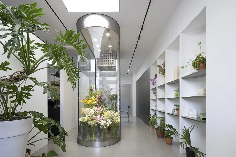 現代花店，搭配玻璃展示櫃與盆栽植栽。