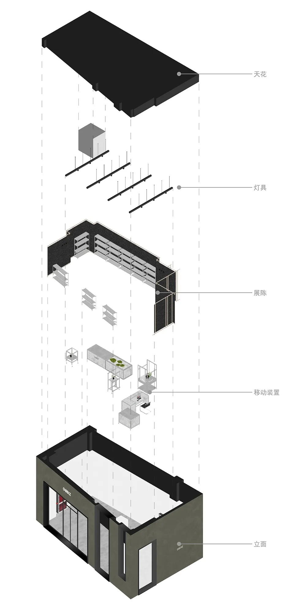 Exploded view diagram of a modern retail storefront featuring concrete and glass materials.