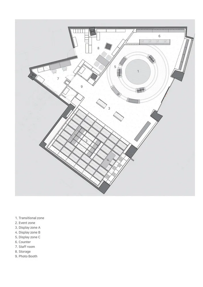 Floor plan of an event space with mixed materials and functional zones.