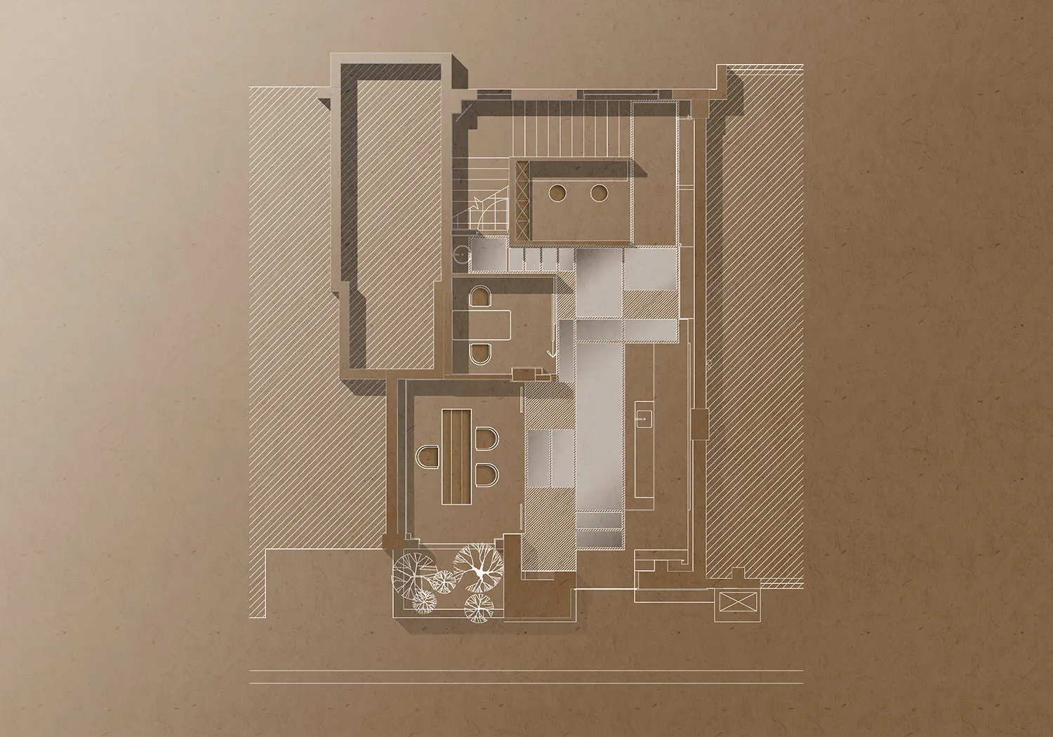 Floor plan of a modern architectural design on a paper sheet.