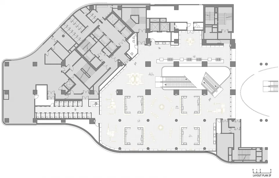 Office building floor map showing various functional zones in a technical blueprint style.