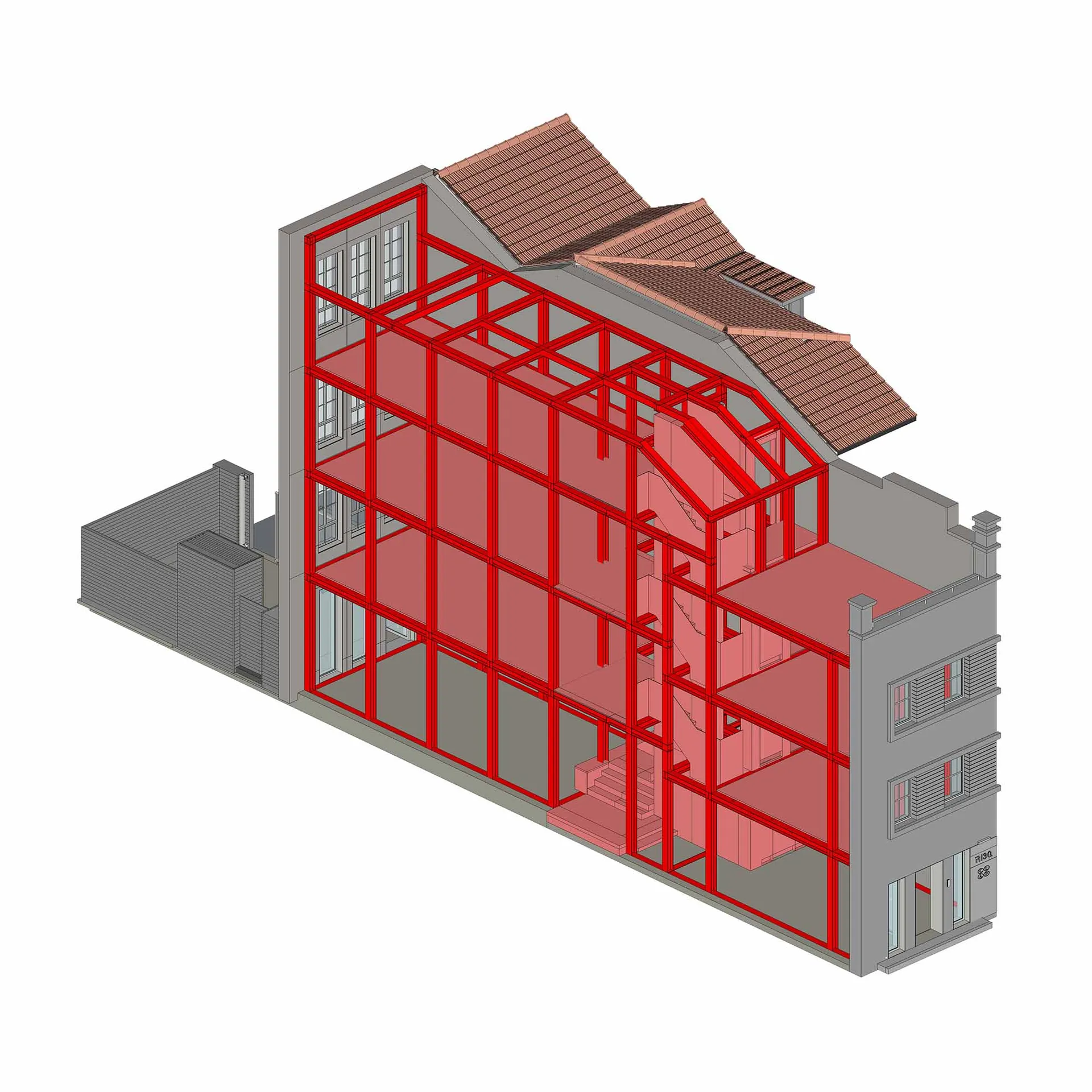 以木、玻璃、金屬與灰泥材質呈現的室內空間3D渲染圖。