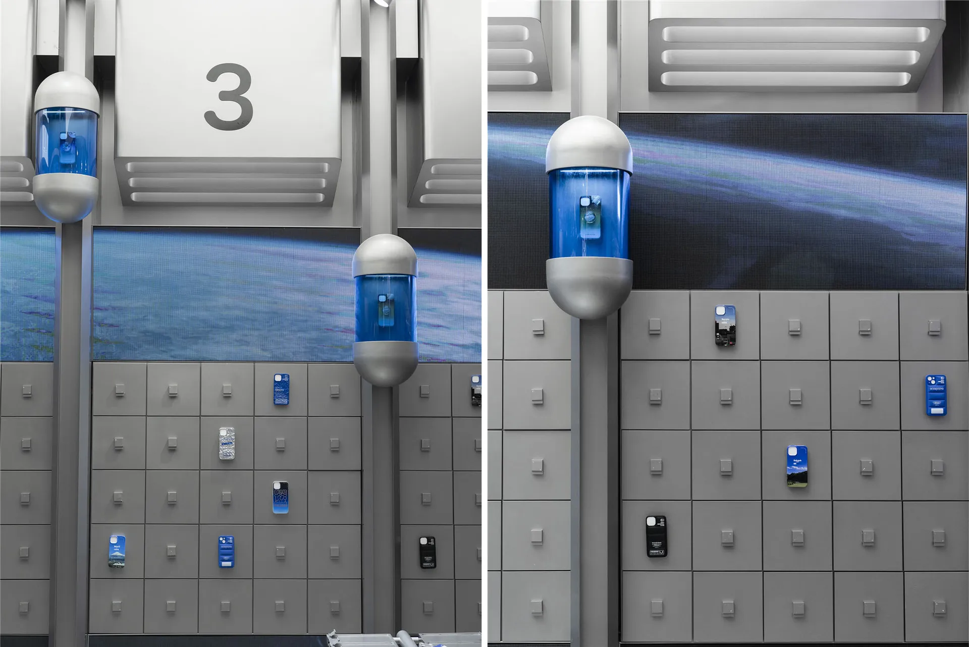 Minimalist retail space with grey lockers and blue water dispensers.