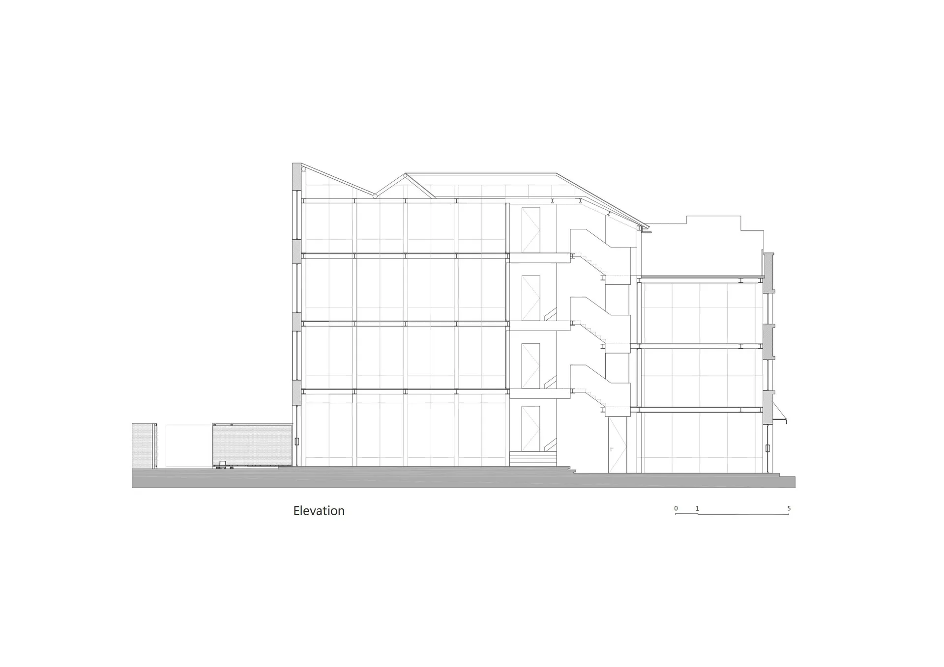 Modern building elevation drawing featuring glass panels on the exterior.