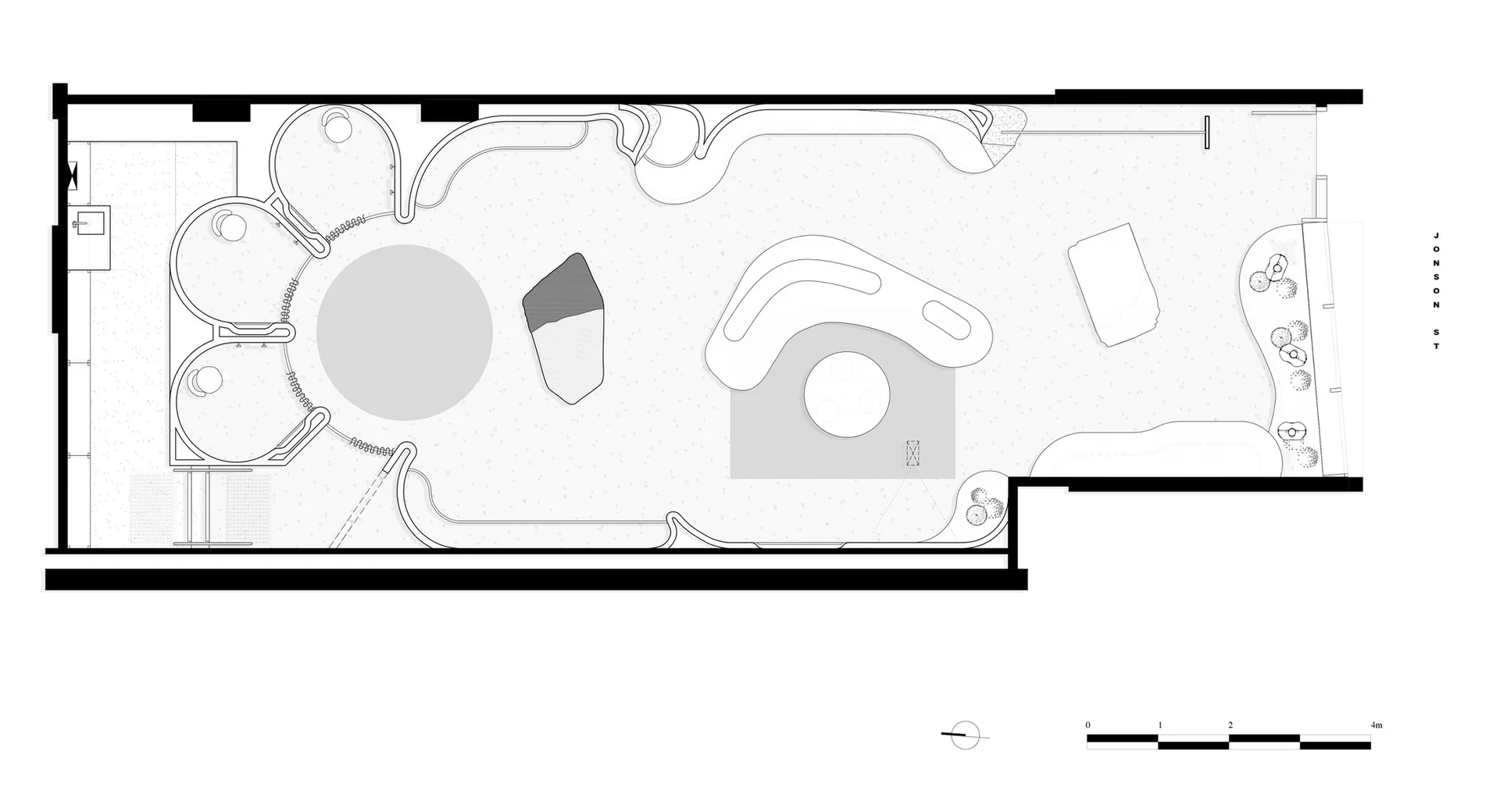 A meticulously designed architectural floor plan of a contemporary interior space with concrete elements.