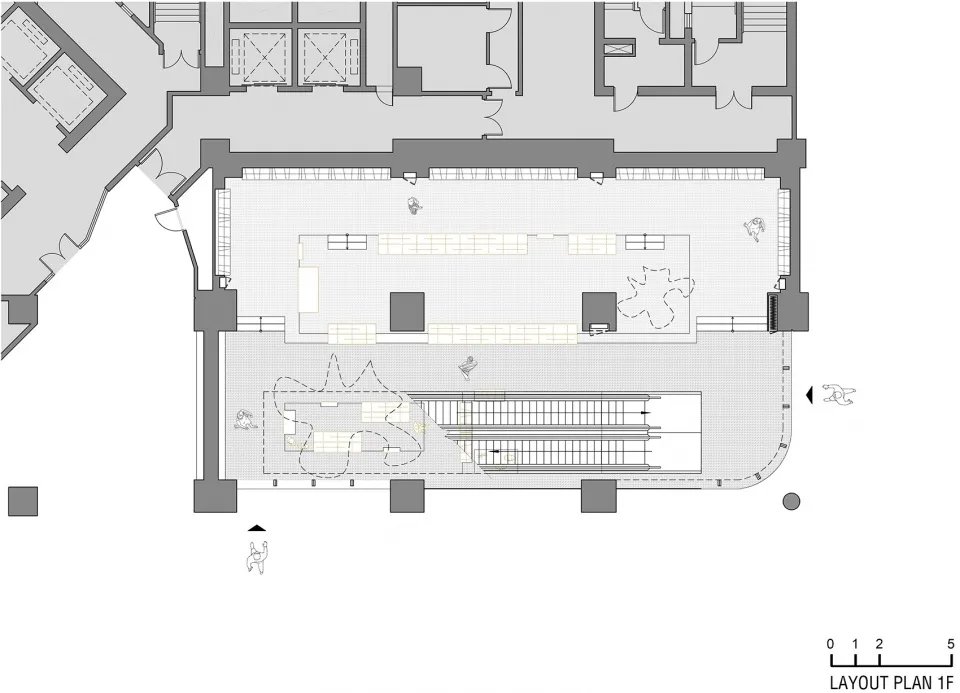 Layout Plan 1F of an office space with desks, chairs, and other office furniture.