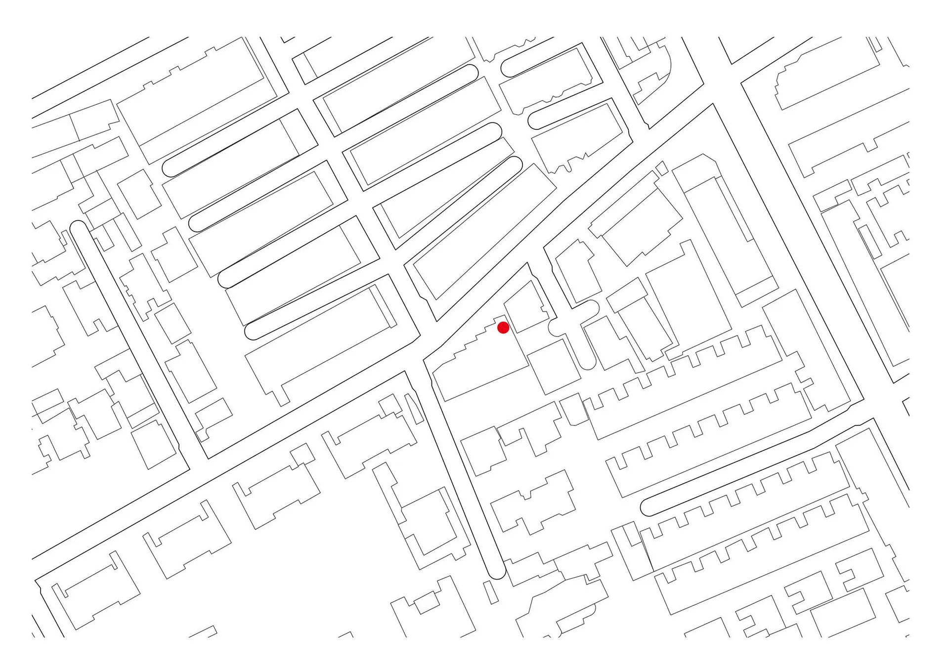 Simplified map of a city with streets and buildings marked in black lines and a red dot indicating a specific location.