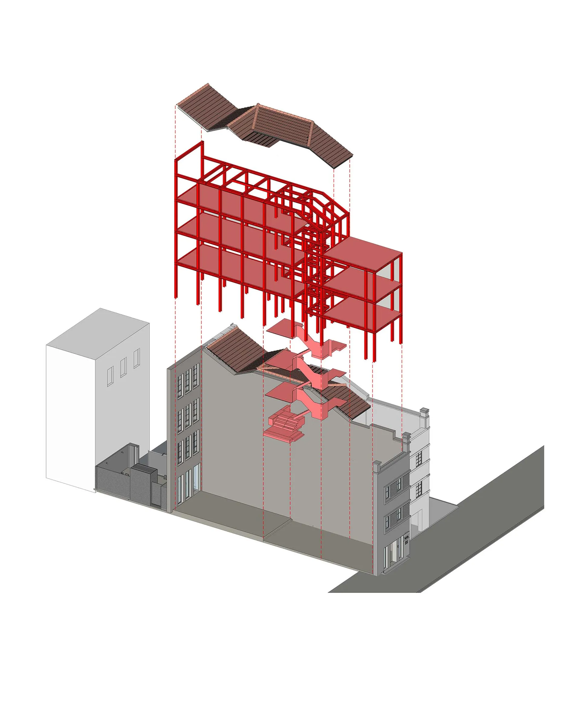 A 3D architectural rendering showcasing a building renovation with steel framing and an upper-level extension.